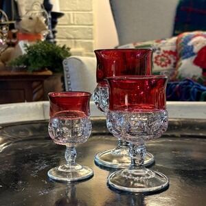 Vintage Kings Crown Ruby Flash Goblets Set of Three Thumbprint Stemware
